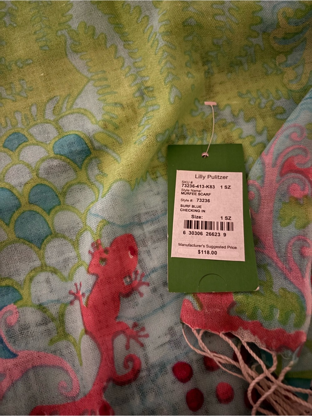 Lilly Pulitzer Aqua, Lime and Coral Lizard Print Scarf